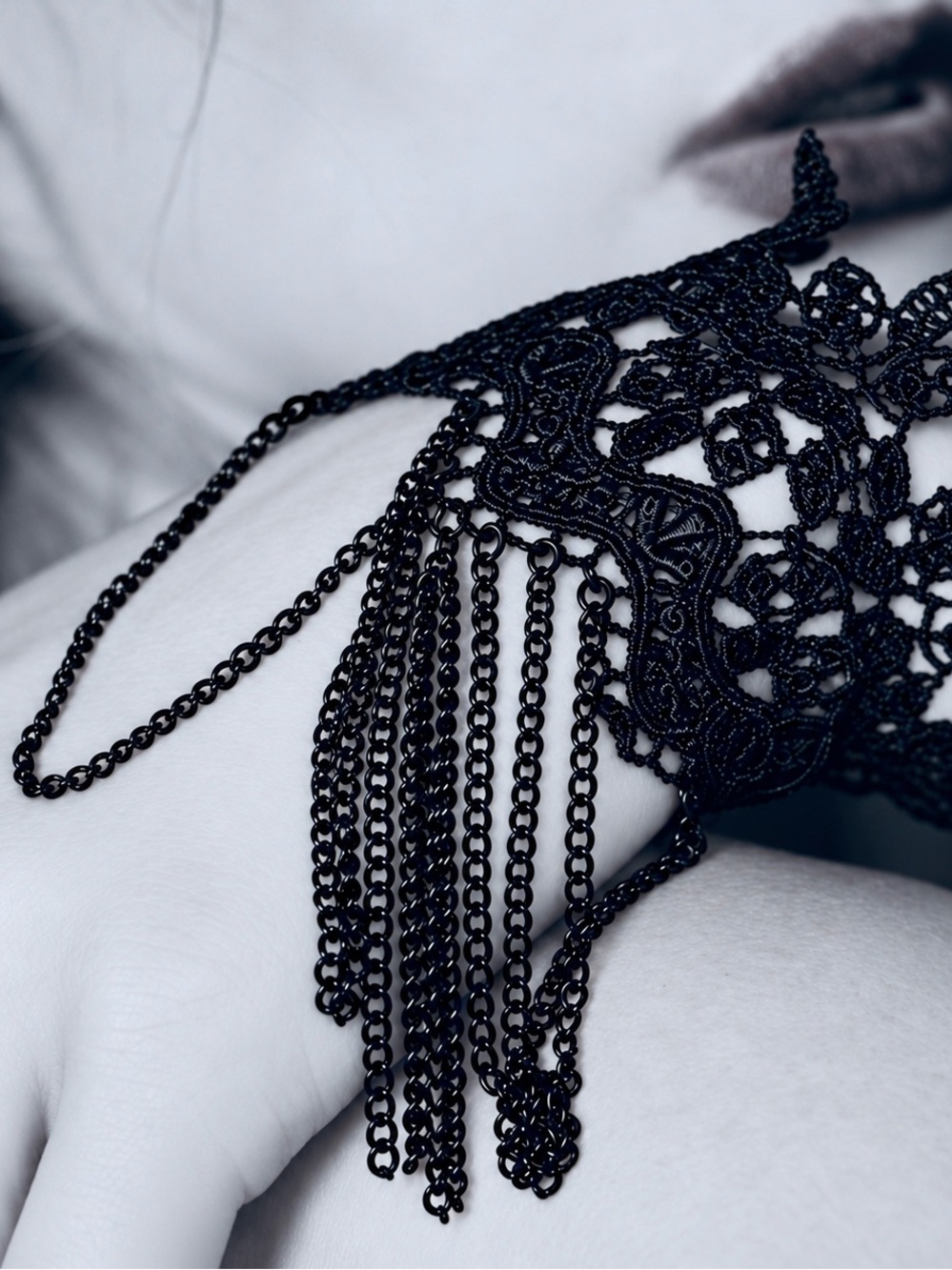 Guipure Lace Black Victorian Floral Fabric Dangle Chain Art Deco Gothic Bracelet